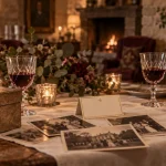 25 ans de mariage noce de d’argent : table en bois, bougies et souvenirs