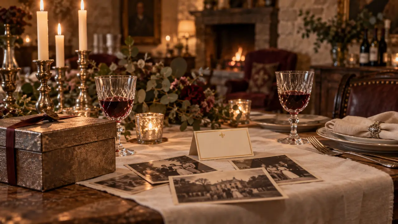25 ans de mariage noce de d’argent : table en bois, bougies et souvenirs