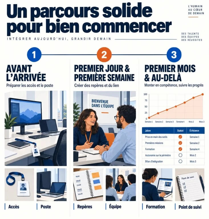 Intégration en entreprise : parcours en trois étapes de l'arrivée à la montée en compétence