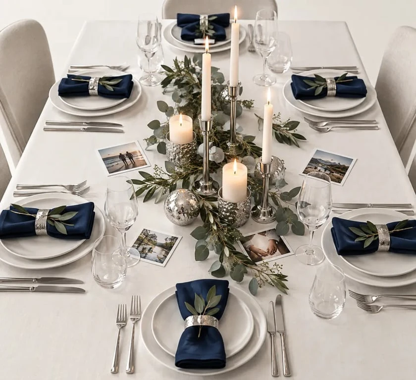 Décoration argentée pour 25 ans de mariage, noces d'argent autour d'une table familiale