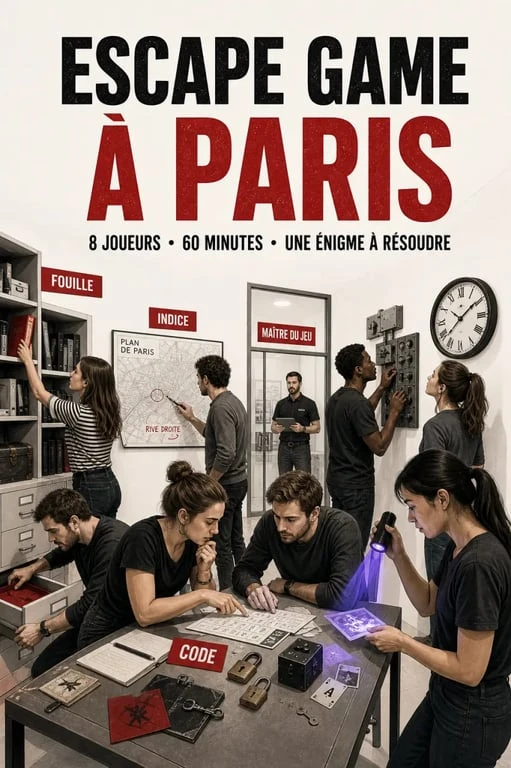 Escape game Paris 8 joueurs : groupe de huit personnes en pleine résolution d’énigmes dans une salle immersive