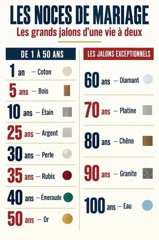 Infographie du tableau des noces de mariage de 1 à 100 ans
