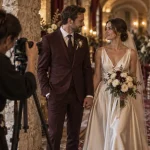 Photographe pro mariage ajustant son appareil sur trépied près d’un couple de mariés, lumière chaude intérieure.