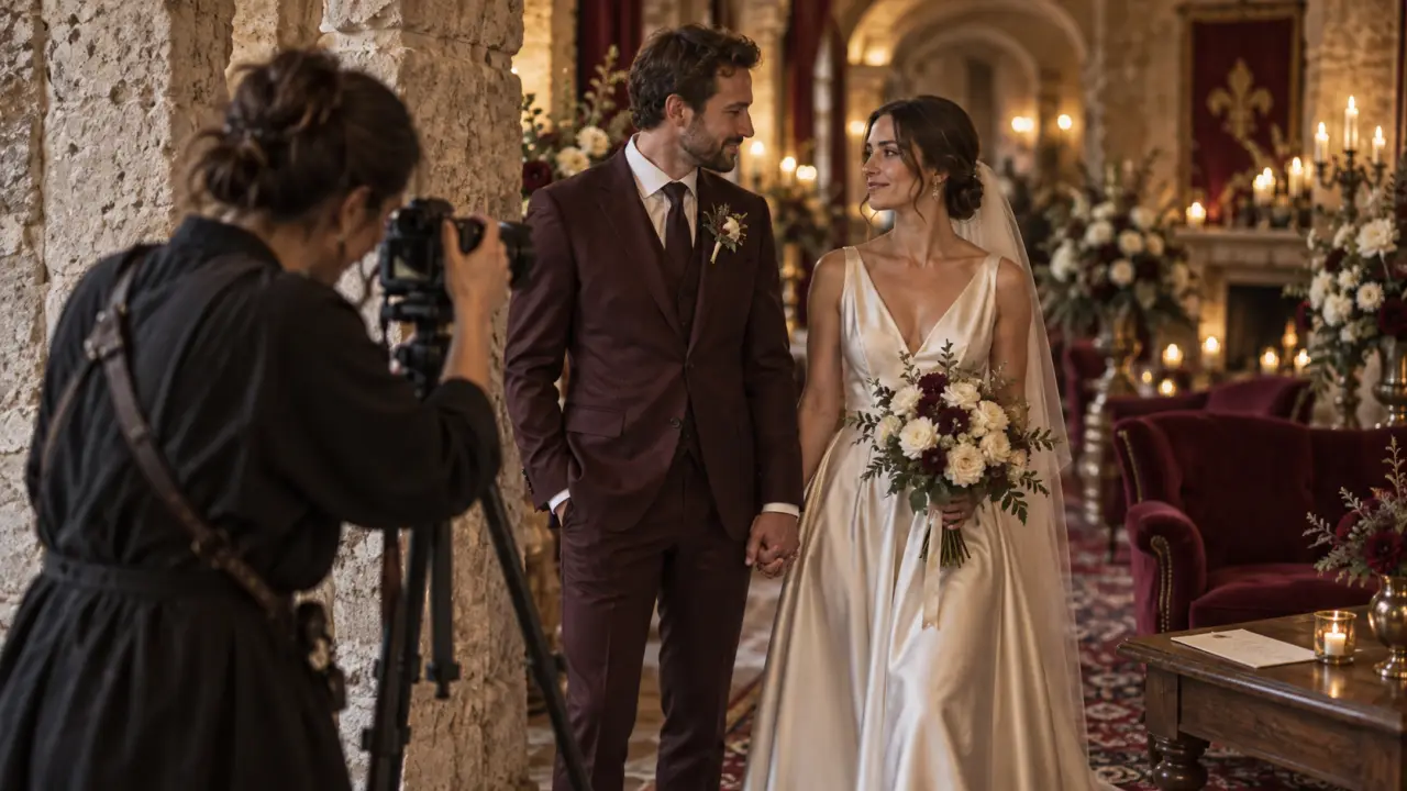Photographe pro mariage ajustant son appareil sur trépied près d’un couple de mariés, lumière chaude intérieure.